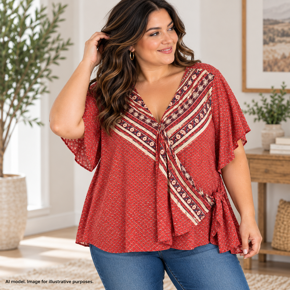 Lucky Brand Shirt Womens 3X Pink Red Orange Ditsy Floral Tie Tunic Boho Gypsy